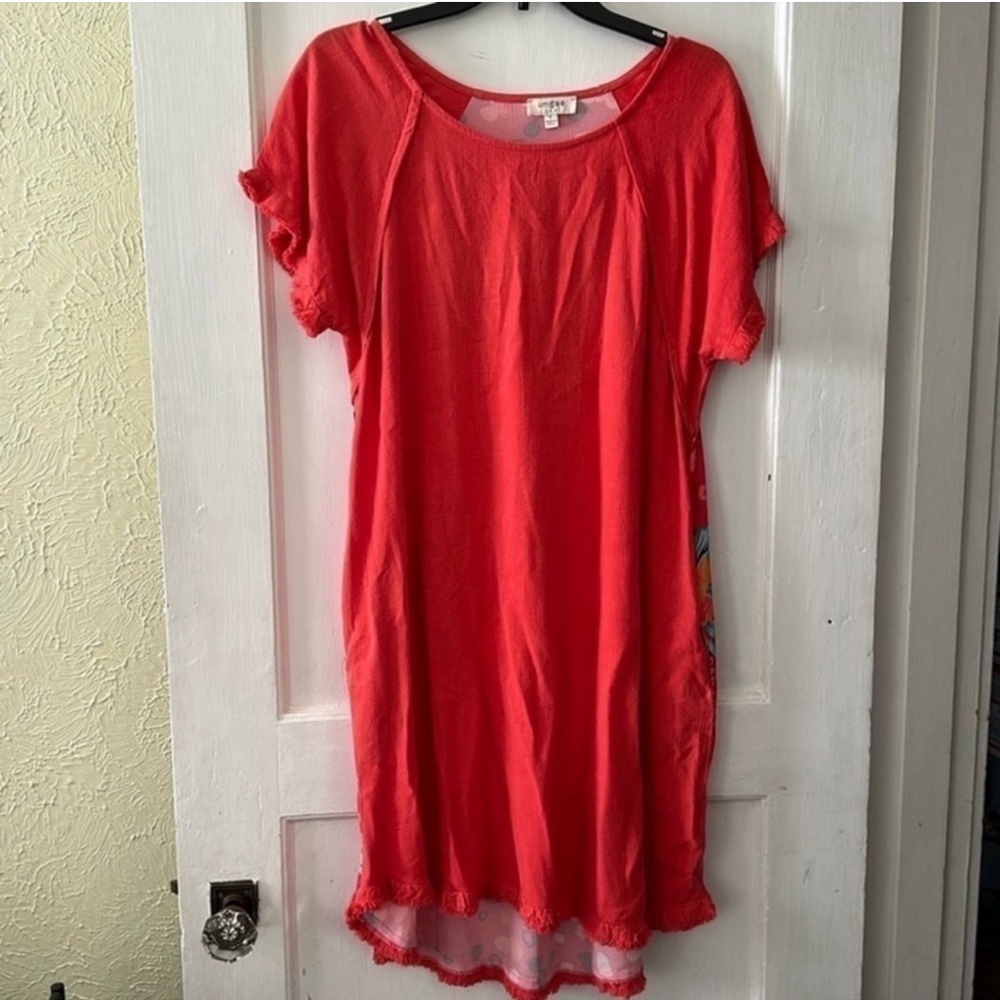 Umgee Coral Floral Fringe Linen Blend Boho Short Sleeve Lightweight Dress